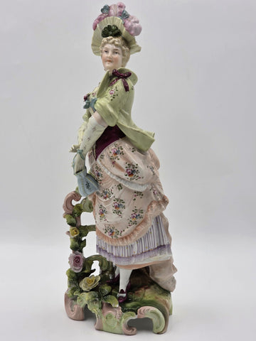 Antique 19th C German Dresden Style Porcelain Lady Figurine Bocage 16” Figure.