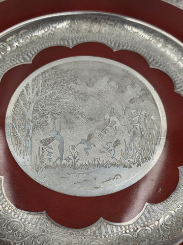 Set of 3 Antique Czech Silver Inlaid Red Enamel Fairy Plates c.1910 Art Nouveau