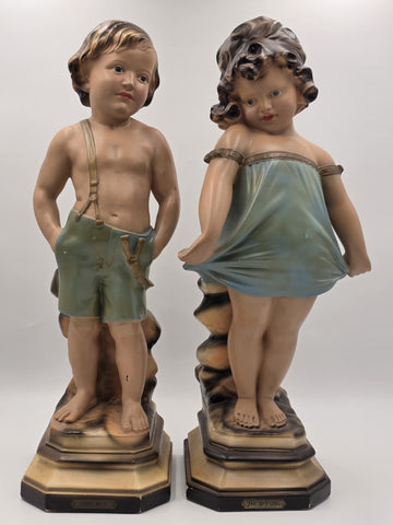 Paor huge 1920 French Art Deco Chalkware polychrome boy & girl figurine statues