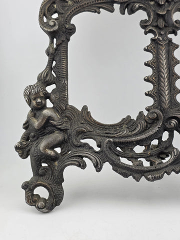 Antique Victorian Rococo Baroque Cast Iron Angel Cherub Double Picture Frame 4x5