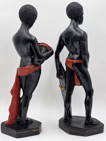 Vintage Nude African Woman & Warrior W Shield MARWAL chalkware Sculpture 19.5"