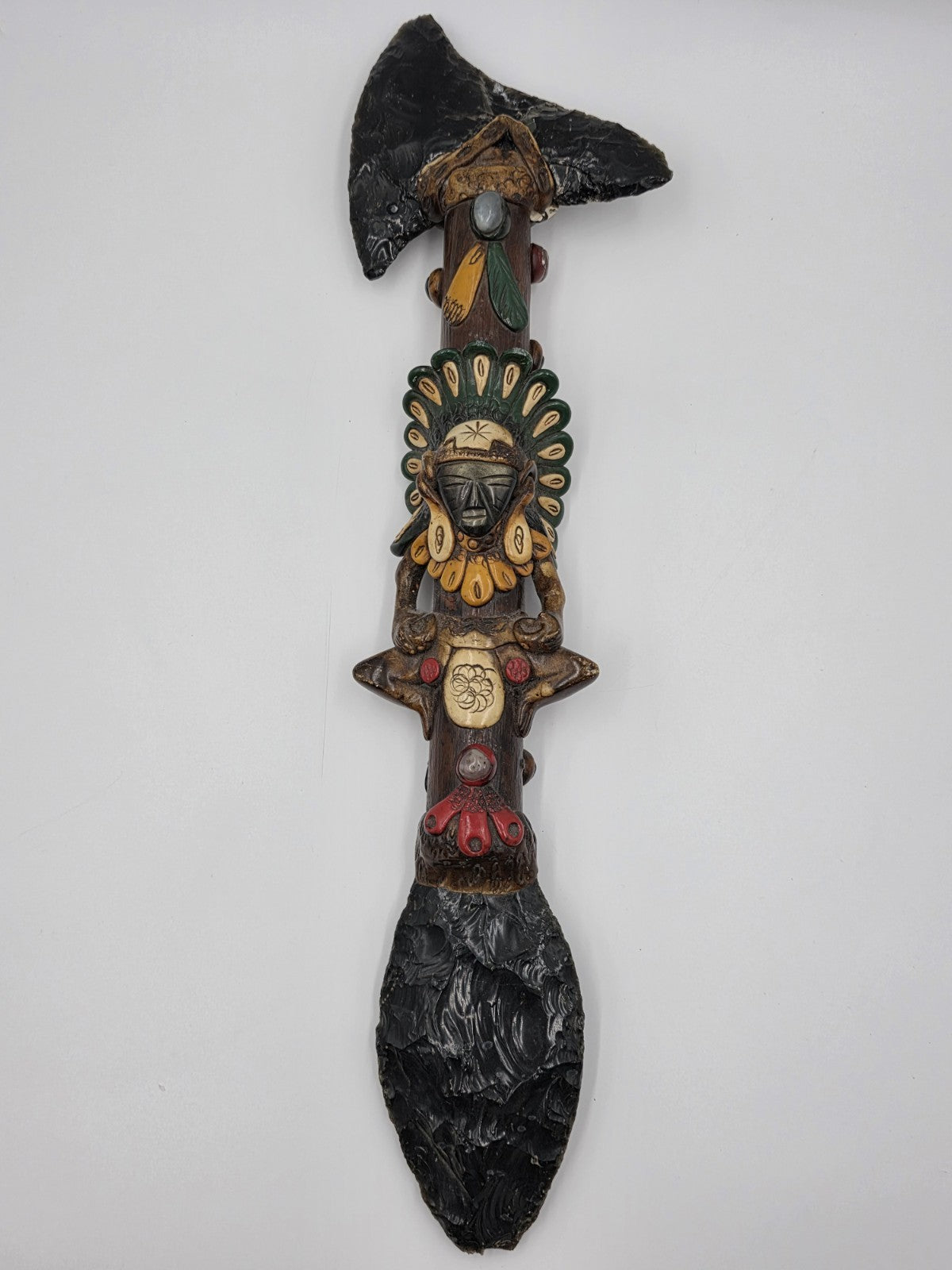 RARE VINTAGE Aztec Mayan Axe Spearhead Folk Art Sacrificial Obsidian Rain Stick