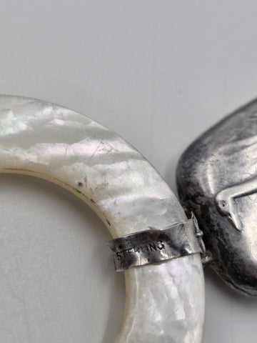 Pair Antique Sterling Silver Mother Of Pearl Baby Teething Rattles Mr Bear Goose