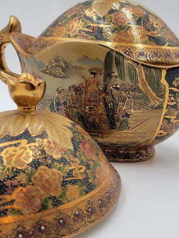 Vintage Satsuma Hand Painted Gold Gilded Bowl Urn Compote W Lid Fritz. Extra Lid