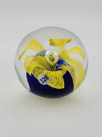 Vintage Art Glass Paperweight Yellow Flower Inside Cobalt Glass (2 1/2'')