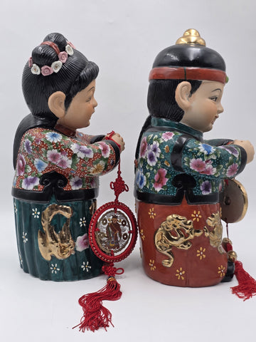 XL 15 inch Vintage Chinese Boy & Girl Prosperity Figurines Pair Good Luck Wealth