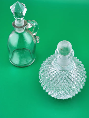 Antique Set Of 2 Cut Glass Perfume Bottle W Stoppers. 1 Czechoslovakia & 1 Jug.