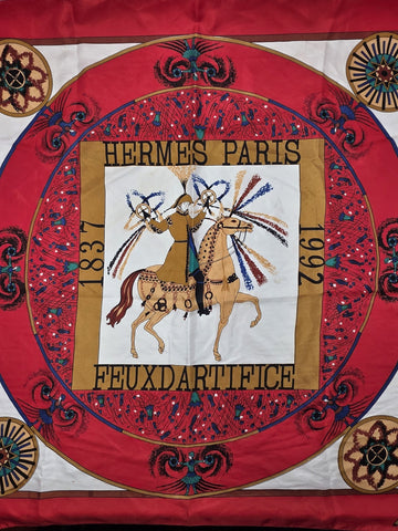 VINTAGE HERMES FEUX D’ARTIFICE FIREWORKS RED SILK SCARF WRAP 1937-1990 34X34
