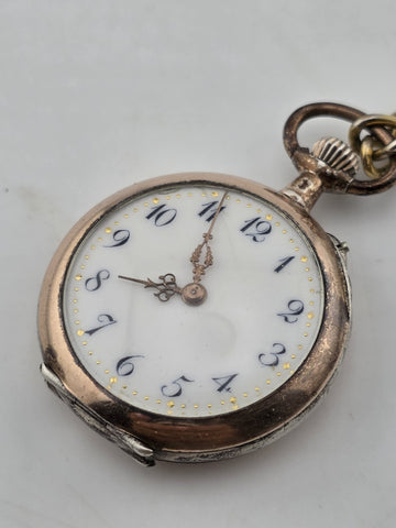 Antique 1890's Swiss Solid 800 Silver Pendant Pocket Watch Enamel Dial. Works.