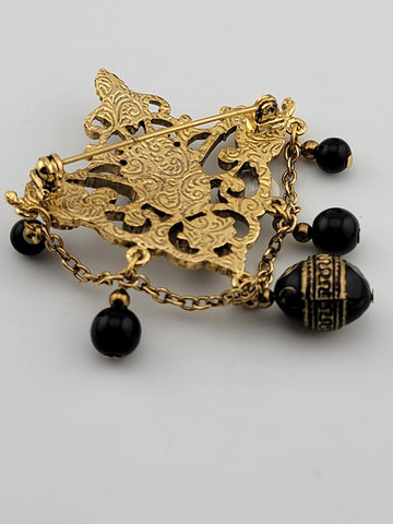 VTG 1928 BROOCH VICTORIAN REVIVAL BLACK GLASS BEAD DANGLE OPENWORK GOLDTONE PIN