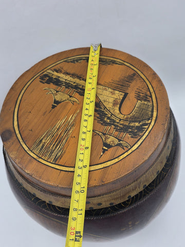 Antique Asian Hand Painted Rice Barrel Wooden Lidded Storage Bucket Bird Pagoda
