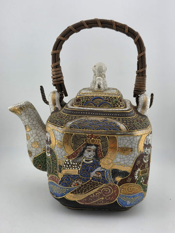 Vintage Satsuma Japanese Samurai Hand painted Teapot Wicker Handle W Lid.