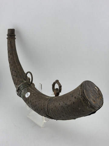 Rare Antique Ornate 19thC Brass Steel Islamic Black Powder Horn Shot Flask C1850