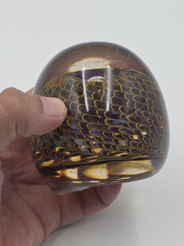 Signed Nichols Studio Art Glass Paperweight Purple Gold Vortex Swirl 4" WCU