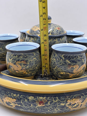 Chinese Qianlong Mark Porcelain Dragon Gongfu Tea Set Teapot 6 Cups Tray. New.