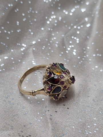 Vintage 14K Gold Multi Gemstone Dome Cluster Ring Garnet Amethyst Citrine Sz 7