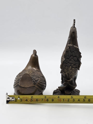 Pair Antique Chinese Bronze Rooster Hen Chicken Figures Qianlong Mark Auspicious