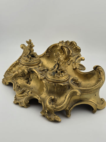 Antique 19th C French Louis XV Rococo Ornate Gilt Bronze Ormolu Inkwell Inkstand