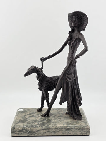 Rare 1930's Art Deco French Bronze Sculpture of Lady Walking Her Greyhound Dog.