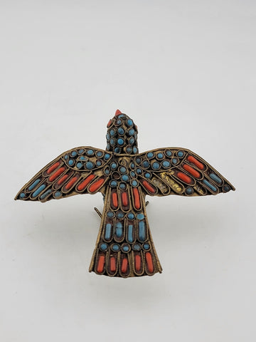 Antique Handmade Brass Turquoise Coral Glass Decorated Bird Ornament Middle East