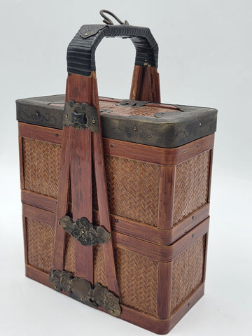 Antique Japanese Meiji Bamboo Picnic Basket Bento Box Woven Basket Complete Case