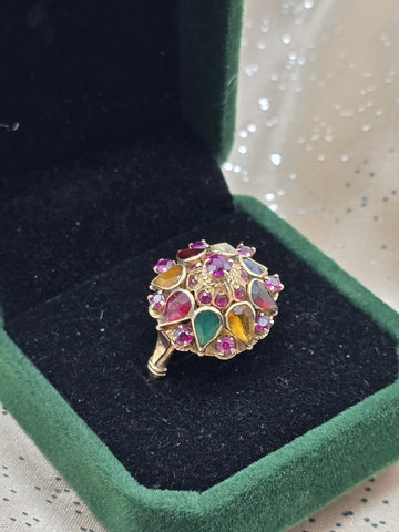 Vintage 14K Gold Multi Gemstone Dome Cluster Ring Garnet Amethyst Citrine Sz 7