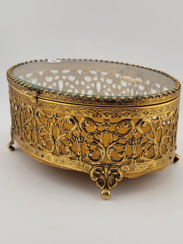 Vintage 1950s Hollywood Regency Ormolu Jewelry Casket Beveled Glass Filigree Box