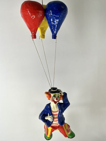 Vintage Unbranded Paper Mache Hanging Circus Clown w/ 3 Balloons