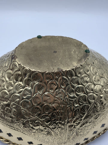 Large Antique Hand Hammered Brass Pierced Floral Bowl Jardiniere Rope Rim