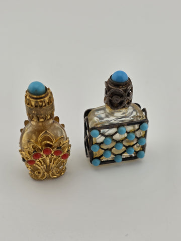Pair Of Vintage Jeweled Miniature Perfume Bottles Filigree Glass Scent Bottles