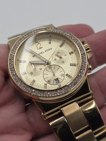 Michael Kors MK5386 Gold Tone Crystal Bezel Chronograph Watch 43mm Date