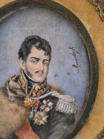 Rare Antique 19th C Miniature Portrait Prince Jozef Poniatowski Ormolu Frame
