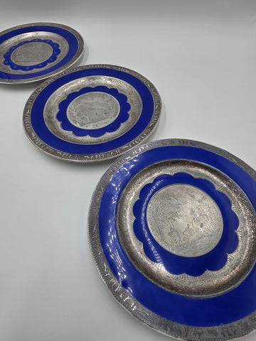 Set of 3 Antique Czech Silver Inlaid Blue Enamel Fairy Plates c.1910 Art Nouveau