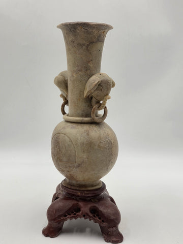 Antique Chinese Carved Hardstone Vase Elephant Ring Handles Stone Stand 12"