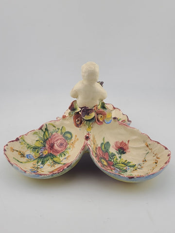 Vintage Italian Majolica Putti Cherub 3 Bowl Dish Hand Painted Faenza Style