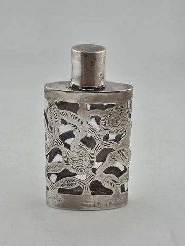 Antique Mexican Sterling Silver 925 Overlay Perfume Bottle Floral Cutwork Flask