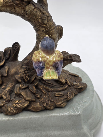 Vintage Celadon Cast Bronze Porcelain Birds Flowers Tree  Candle Holder Figurine