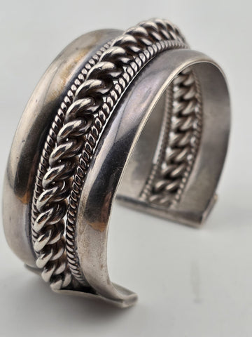 Heavy Native American Triple Beaded Silver 0.999  Cuff Bracelet 92g Navajo Style