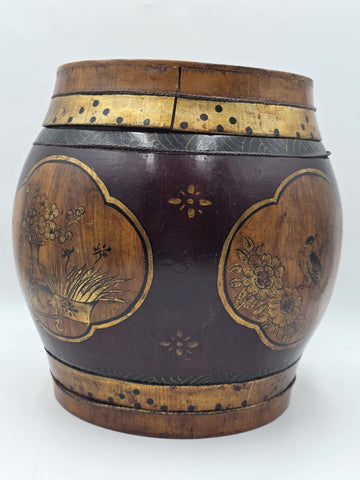Antique Asian Hand Painted Rice Barrel Wooden Lidded Storage Bucket Bird Pagoda