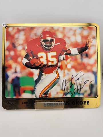 CHRISTIAN OKOYE, 8 x 10 Hand Signed KANSAS CITY CHIEFS Player Bio on Back