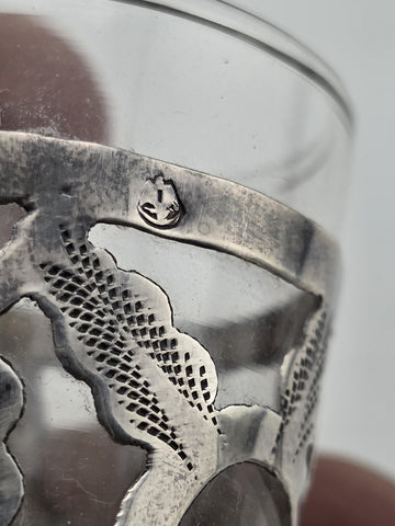 SET Of 4 MID-CENTURY MEXICO STERLING SILVER 3" PIERCED CORDIALS, GLASS LINERS