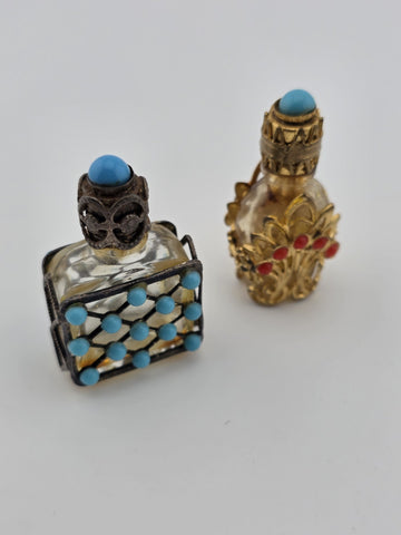 Pair Of Vintage Jeweled Miniature Perfume Bottles Filigree Glass Scent Bottles