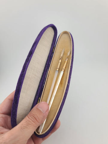 Antique 1890's Victorian Mother of Pearl Dip Pen Set 10K Solid Gold  Nibs W Case