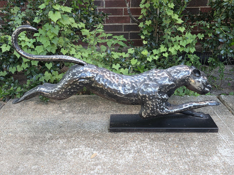 Vintage XL Cast aluminum Metal Cheetah Statue 42 inches long 21 inches tall.