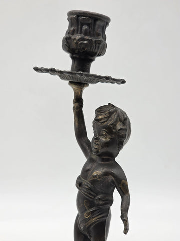 Rare Antique Bronze Brass Putto Cherub Figural Candlestick Rococo 8.5"