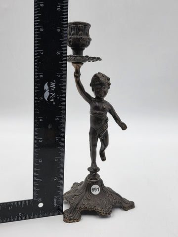 Rare Antique Bronze Brass Putto Cherub Figural Candlestick Rococo 8.5"