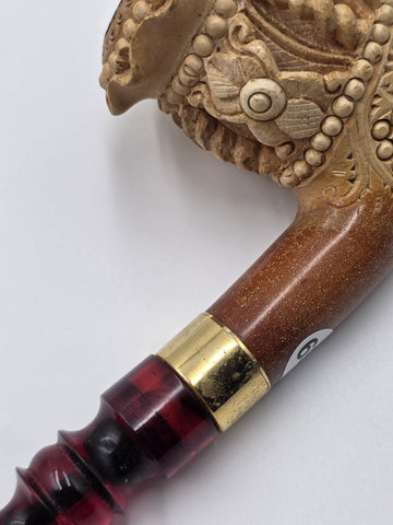 Antique C1920 Turkish Meerschaum Tobacco Pipe Hand Carved Figural Lucite Stem.