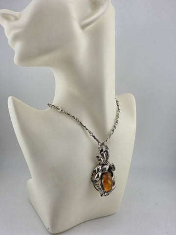 Antique Heavy Mid Century 925 Sterling Silver & Baltic Amber Pendant& Necklace.