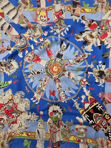 Rare Hermes Kachinas Scarf 90cm Silk Twill Hopi Design Blue Multicolor W Box.