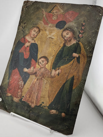 Early 19th Century Spanish Colonial/Mexican Icon Holy Family Oil on Tin Retablo